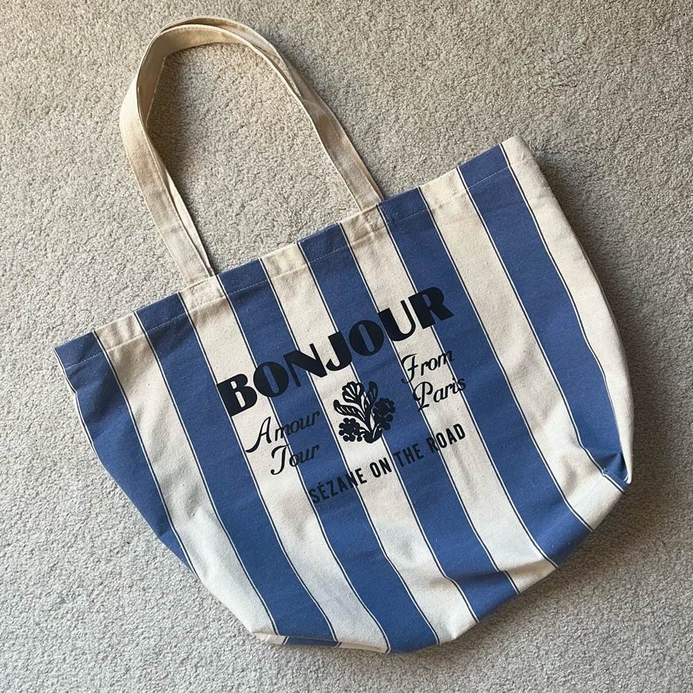 Sezane Bonjour Amour Tour From Paris on the Road Canvas Blue Stripe Tote Bag
